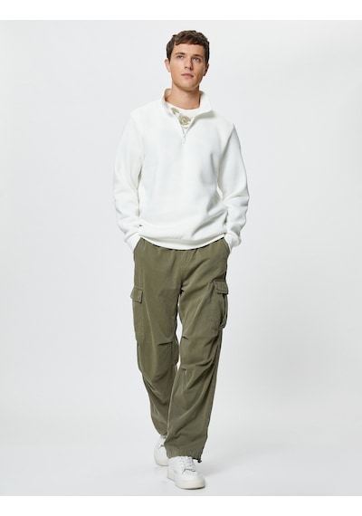 Koton Yarım Fermuarlı Sweatshirt Basic Dik Yaka Ribanalı Uzun Kollu Ekru 4sam70002mk Ekru