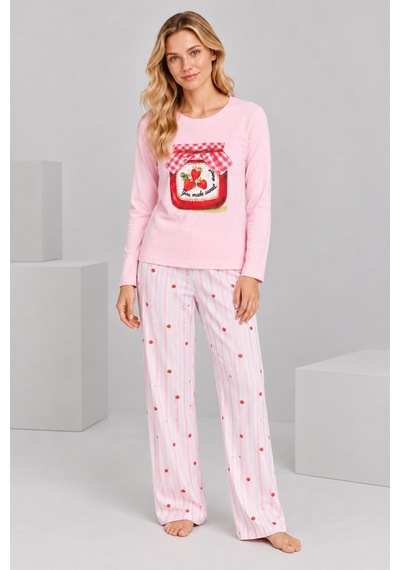 Pijamask Kadın Pembe Çilek Reçeli Baskılı Çizgili Bol Paça Pamuklu Pijama Takımı Pudra