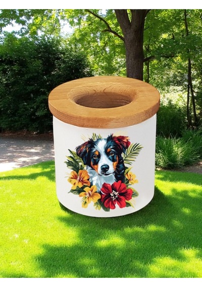 Köpek Ve Çiçek Baskılı 3'lü Ahşaplı Seramik Masaüstü Kalemlik Kalem Kutusu Ofis Hediyesi Beyaz