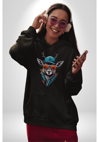 Güneş Gözlüğü Savaşcı Geyik Kadın Erkek Siyah Kapüşonlu Sweatshirt Hoodie Siyah