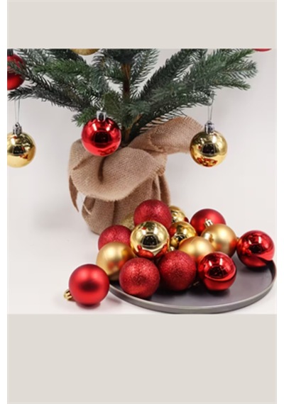 24 Adet 3 Cm Kırmızı & Altın Noel Ağacı Süs Topu Seti Mini Plastik Yılbaşı Dekor Topları
