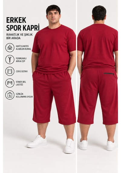 Genel Markalar Büyük Beden Kapri 2 İplik Kompak Penye Bordo