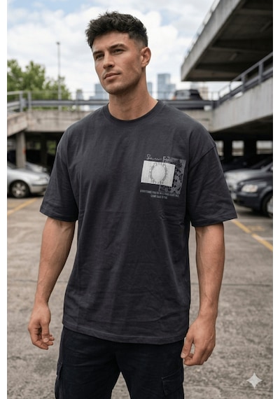 Oversize Erkek Tişört Baskılı Pamuklu Rahat Kesim Streetwear Yazlık Basic T-shirt Antrasit
