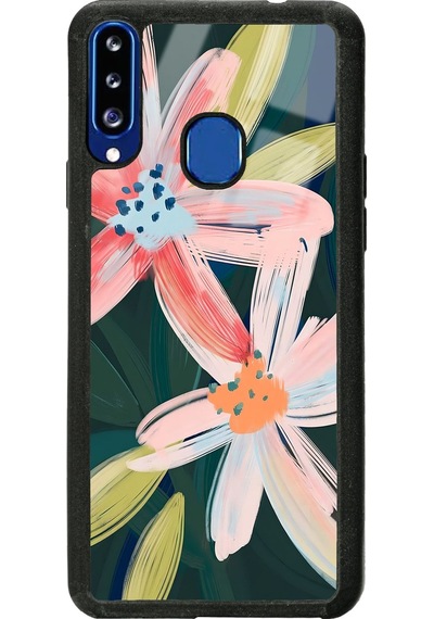 Samsung Uyumlu A20s Suluboya Çiçek Tasarımlı Glossy Telefon Kılıfı Siyah