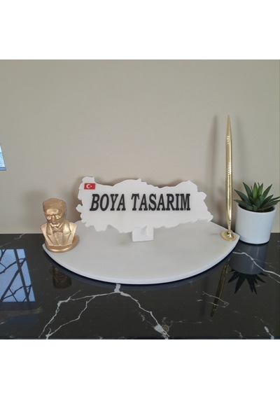 Doğal Beyaz Mermer Masa Ofis İsimlik Kalem Ve Atatürk'lü