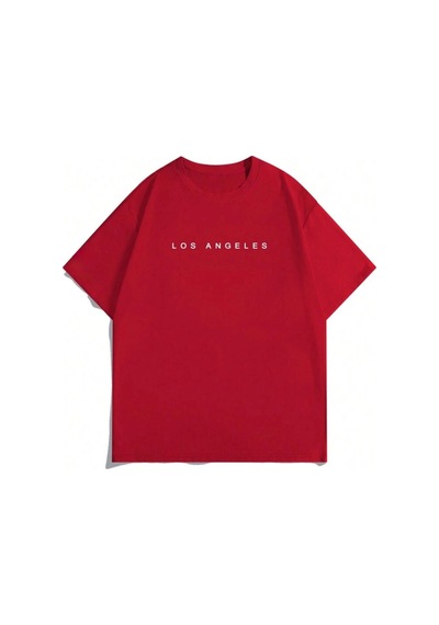 Medinenur Los Angels Yazı Detaylı Basic T-shirt Kırmızı