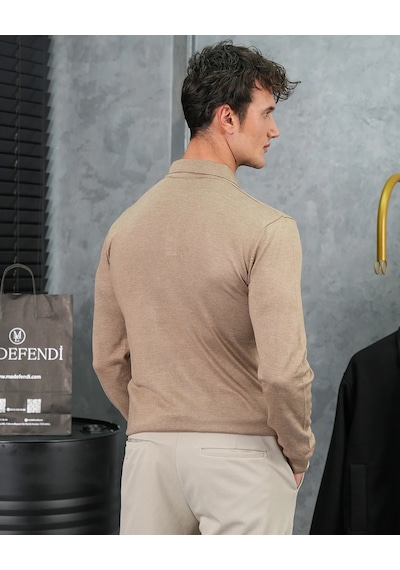 Modefendi Slimfit Kalıp Pamuk Likra Düğme Detaylı Triko Kazak Vizon