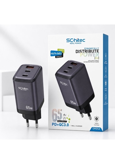Schitec 65w Gan 3 Çıkışlı 2xtype-c + Usba Qc 3.0 Hızlı Şarj Adaptörü Başlığı Hg/ta-56eu Siyah
