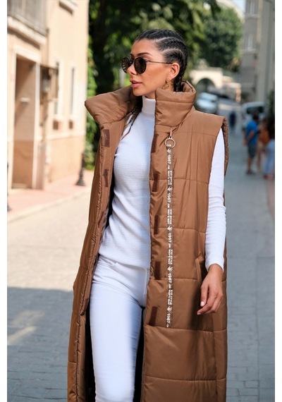 Keyifli Moda Kadın Kahverengi Dik Yaka Şerit Detaylı Cepli Uzun Şişme Yelek
