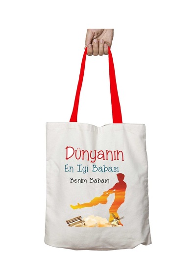 Art Hediye Kırmızı Kulplu Dünyanın En İyi Babası Benim Yıkanabilir Omuz Çanta Çok Renkli