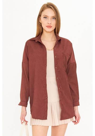 Armonika Kadın Kahve Cepli Oversize İnce Fitilli Kadife Gömlek Arm-24k001076
