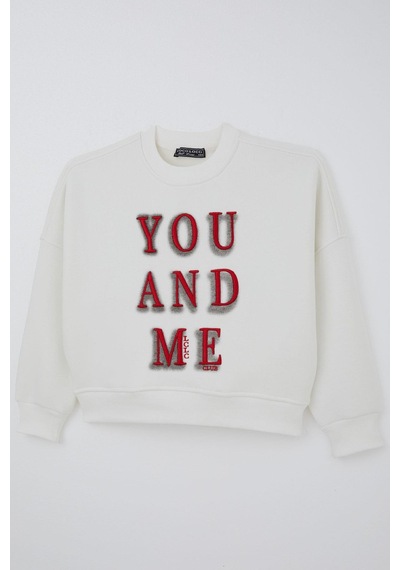 Locoloco Kız Çocuk Sweatshirt You And Me Yazı Nakışlı 9-14 Yaş, Ekru Ekru
