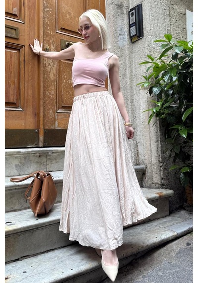 Madmext Bej Vual Kumaş Basic Kadın Uzun Boy Kadın Etek Mg2366 Bej