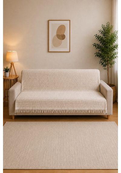 Çift Taraflı Buldan Dokuma Pamuklu Koltuk Örtüsü 170x210 Cm Çekyat Örtüsü Geometrik Desenli Koltuk Şalı Bej