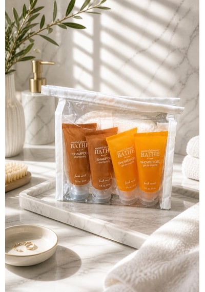 Şeffaf Çantalı 7 Li Banyo & Seyahat Seti Oval Kabak Lif + 2 Sabun 42 Gr + 2 Şampuan 30 Ml + 2 Duş Jeli 30 Ml Fresh
