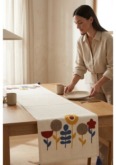 Botanik Rüya Renkli Punch Nakışlı Püsküllü Pamuk Runner 40x130 Cm Mavi