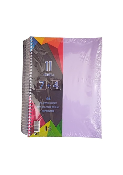 7+4 Ayraçlı Defter 11 Konulu 225 Yaprak 1 Adet 7 Kareli 4 Çizgili Spralli Plastik Kapak Seperatörlü Lila