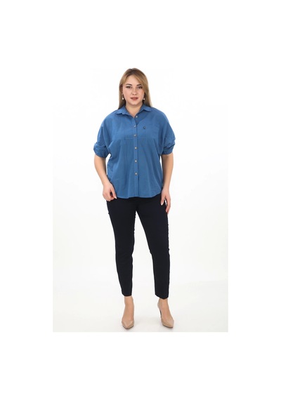 Lady Majestic %100 Cotton Yazlık Organik Büyük Beden Kadın Gömlek İndigo
