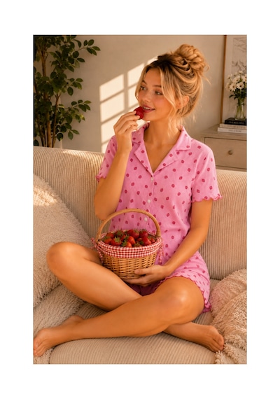 Rindahomewear Çilek Desenli Pamuklu Örme Kumaş Düğmeli Şortlu Takım Çilek Desenli