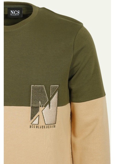 Haki Erkek Bisiklet Yaka Logo Nakışlı 3 İplik Çift Renk Sweatshirt Ncs Jeans 1624-haki Haki