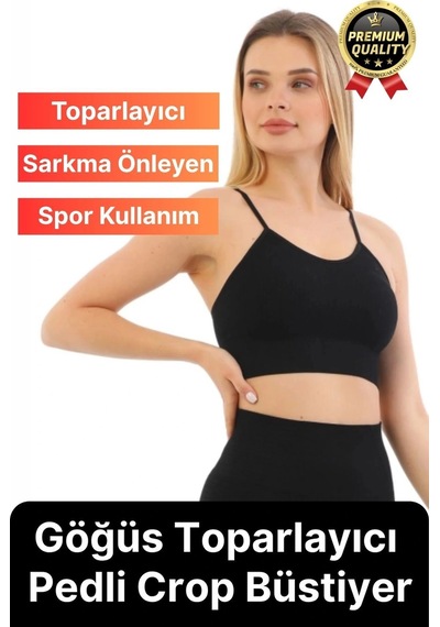 Svein Göğüs Toparlayıcı Sarkma Önleyen Gündelik Spor Kullanım İnce İp Askılı Pedli Çizgili Crop Büstiyer Siyah