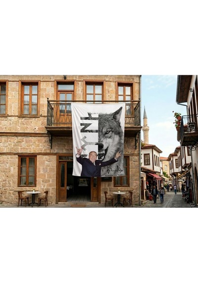 Bozkurt İşareti Yapan Alparslan Türkeş 140gr Premium Raşel Kumaş Bayrak 300x450 Cm Diğer