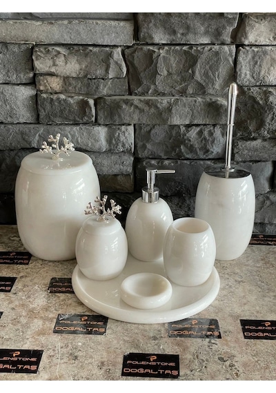 Beyaz Doğal Mermer Gümüş Mercan Aksesuarlı Oval 7,li Banyo Seti Beyaz