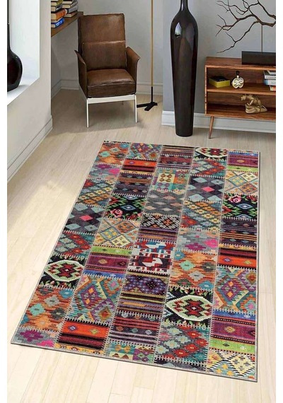 Çok Renkli Patchwork Kaymaz Tabanlı Dekoratif Halı Ar749n11