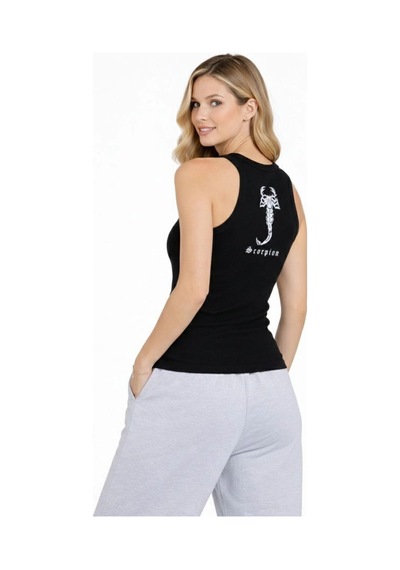 Mbb E-ticaret Kadın Fitilli Atlet Sıfır Yaka Slim Fit Arka Baskılı Spor Atlet - Siyah