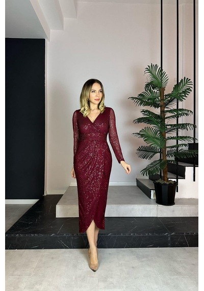 Ges Moda G0768 Kruvaze Yaka Payet Tasarım Elbise Bordo-bordo