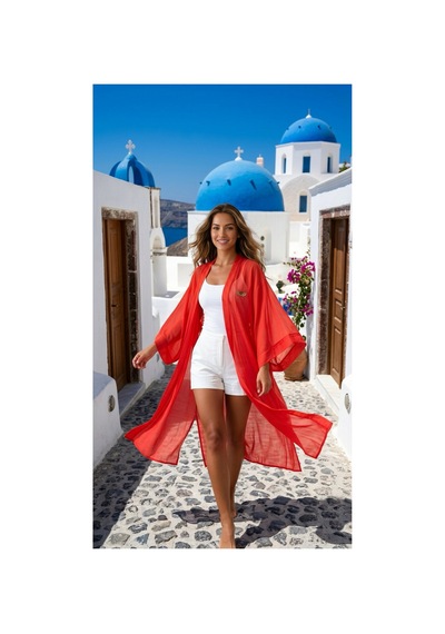 Lila Mare İnce Pamuk Vual Kumaşlı Handmade Beachwear Yazlık Kimono Renkli Renkli