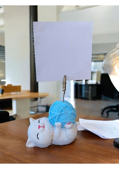Mavi Yumak Tutan Oturan Kawaii Kedi Temalı Not Tutacağı Fotoğraf Tutacak Tutucu Ofis Seti Hediyelik Mavi