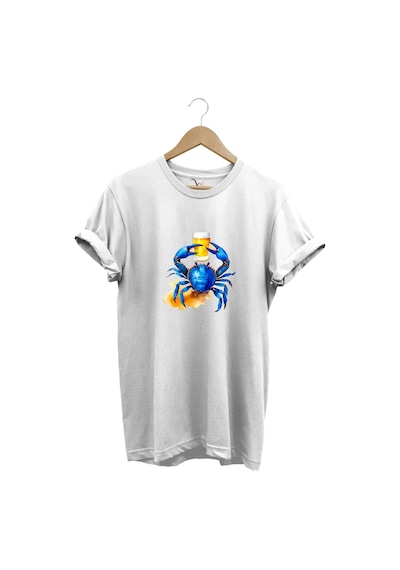 Yaz Baskılı Mavi Yengeç %100 Pamuk Regular Fit Bisiklet Yaka Beyaz T-shirt Beyaz