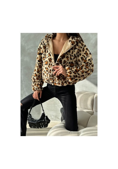 Verymoda Leopar Baskılı Peluş Mont F1654 Koyu Taş Leopar