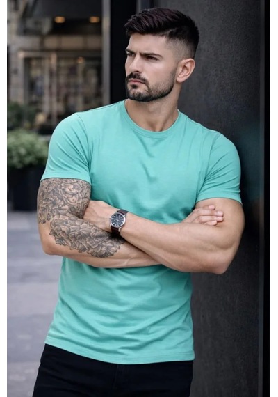 Veraura Lifestyle Erkek T-shirt Bisiklet Yaka Slim Fit Dar Kesim Likralı Tişört Günlük Basic Body - Turkuvaz Turkuaz