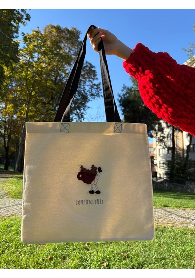 Bolergıashop Coffee Tasarım Canvas Omuz Çantası Bej Punch İşleme