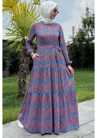 Rabia Şamlı Betül Turuncu Tesettür Elbise Çok Renkli