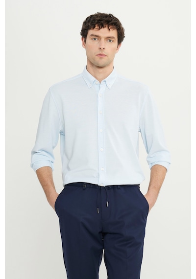 AC&Co / Altınyıldız Classics Erkek Mavı 360 Her Yöne Esneyen Pamuklu Slim Fit Dar Kesim Düğmeli Yaka Örme Gömlek Mavı