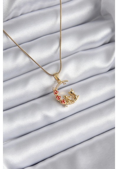 316l Çelik Gold Renk Hilal Kedi Model Zirkon Taşlı Detay Kadın Kolye 5886 Çok Renkli