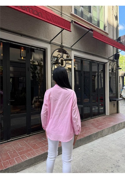 WeShaya Pembe Oversize Pamuk Karışımlı Cepli Gömlek Pembe