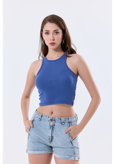 5'li Kadın Pamuklu Likralı Ribana Fitilli Crop Atlet Tişört 27120 Saks Mavi