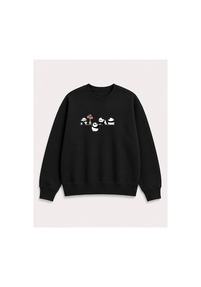 Herkesemoda Yavru Pandalar Baskılı 2 İplik Şardonlu Bisiklet Yaka Sweatshirt Siyah