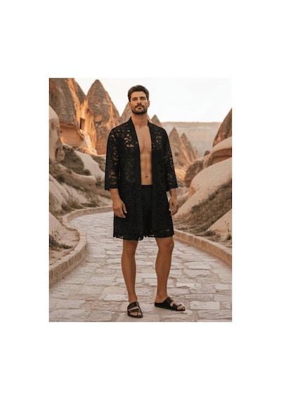 Qmen Style Erkek Kimono Takımı 3 Lü Dantel Set Bornoz + Pantolon + Şort Siyah
