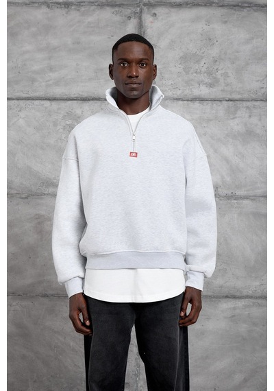 Hiccup Nomarc Bol Kesim Yarım Fermuarlı Uzun Kollu Sweatshirt Açık Gri