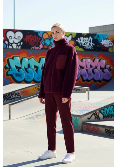 Benerly Kadın Dik Yaka Düşük Kol Tam Fermuarlı Peluş Sweatshirt Fonksiyon Mürdüm