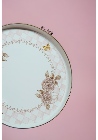 Rosadora Emaye Çay Tepsisi Dekoratif Vintage Servis Tepsisi Pembe