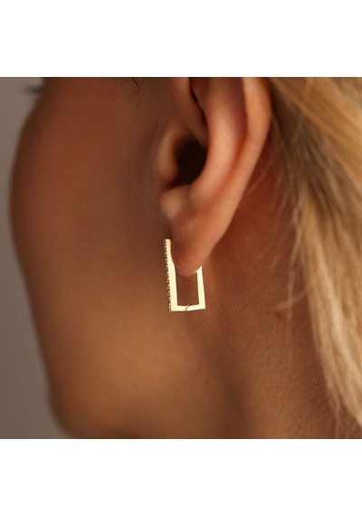 Sembol Gold Dikdörtgen Taşlı Altın Halka Küpe 1.5 cm Mini
