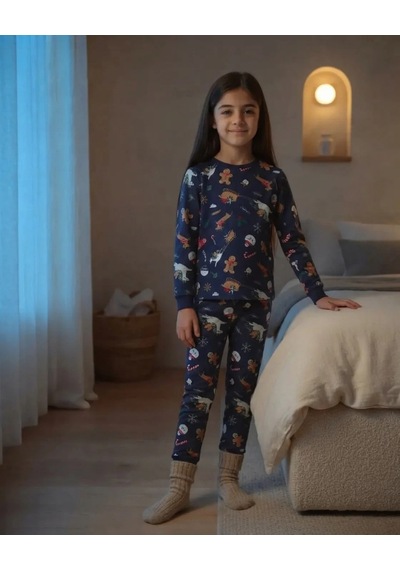 Isobel Kids Unisex Çocuk Lacivert Yılbaşı Desenli Uzun Kollu Pijama Takımı