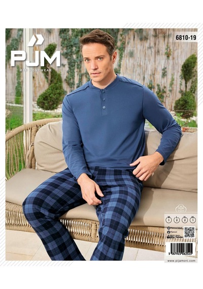 Pijamoni Erkek Düğme Yaka Uzun Kol Mevsimlik Pijama Takımı 6810/19 - 1 Adet Mavi