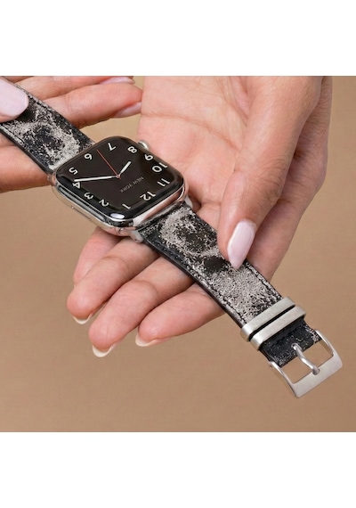 Goldoni Apple Watch Uyumlu Antik Siyah İnce Gerçek Deri Kordonu Metal Köprülü